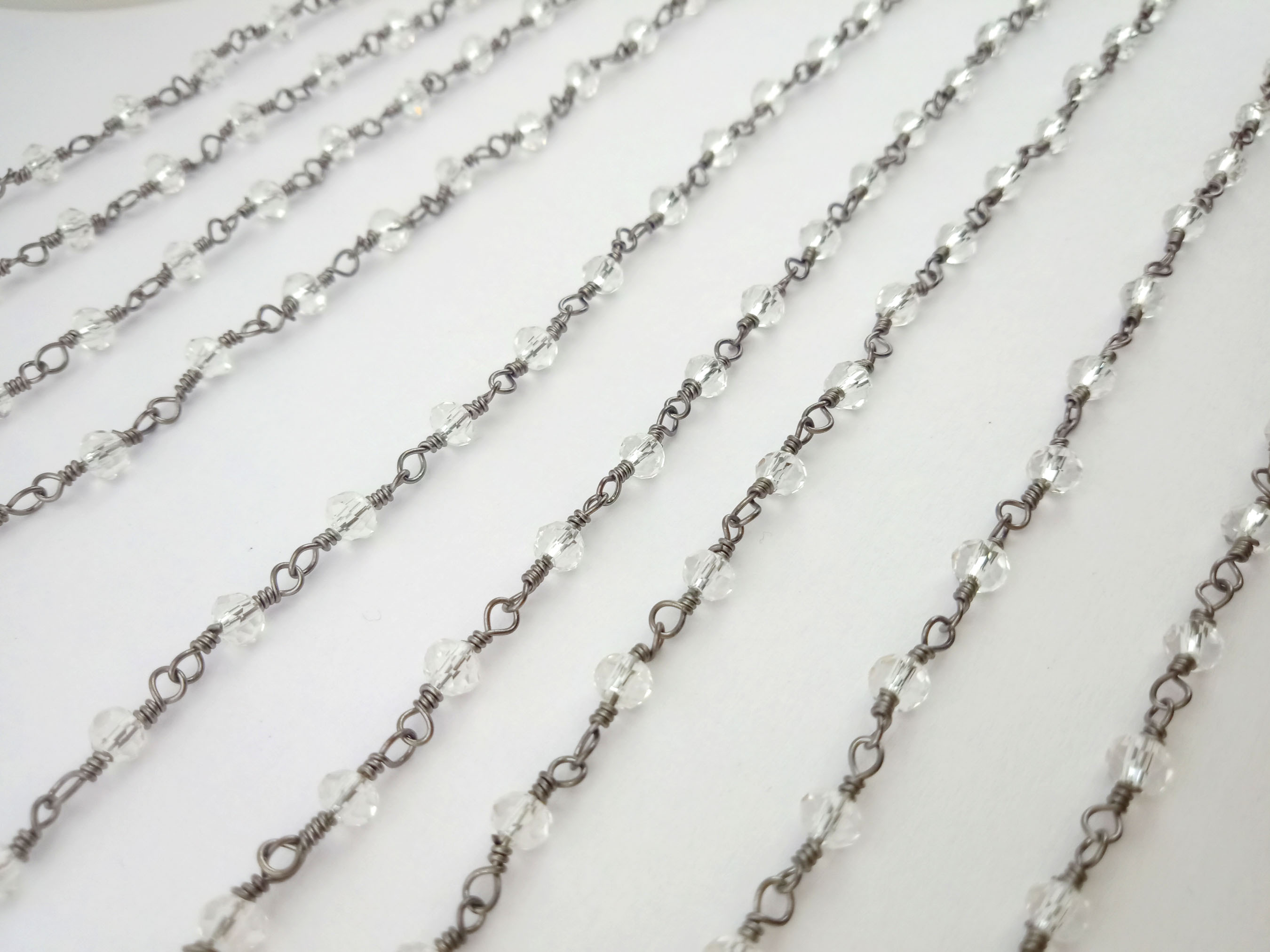 Crystal Quartz Rosary Chain Gunmetal Plating Size 3mm Wire Wrapped Gemstone Jewelry Crystal Quartz Bead Rosary