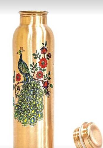 Heart Home Peacock Print Pure Copper Water Bottle 1Ltr Set Of 2 Brown