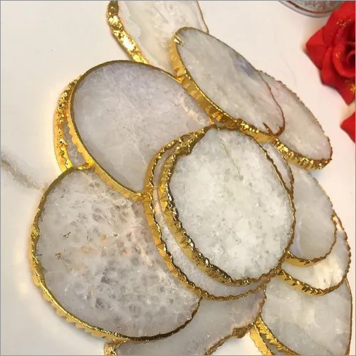 White Agate Coaster With Gold Rims