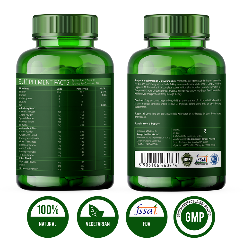 Simply Herbal Organics Multivitamin with 60 Certified Organic Extracts - 60 Vegetarian Capsules