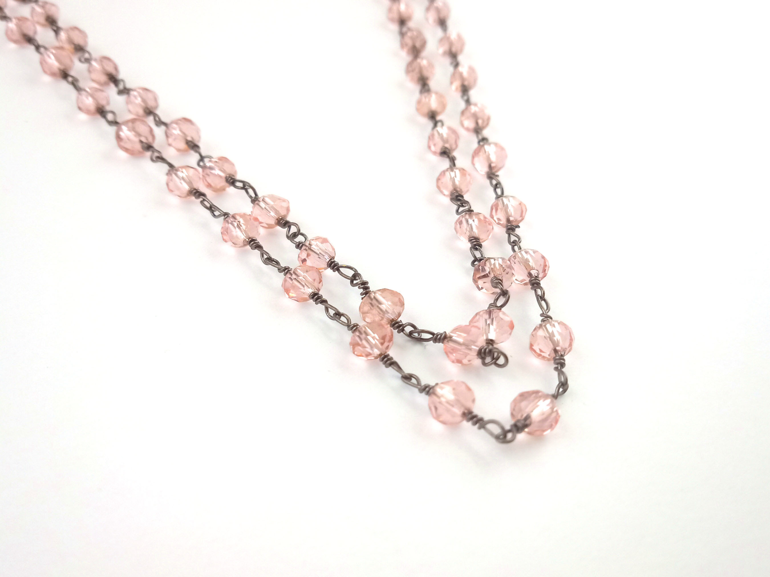 Pink Quartz Rosary Chain Gunmetal Plating Size 4mm Wire Wrapped Gemstone Jewelry Pink Quartz Bead Rosary Chain