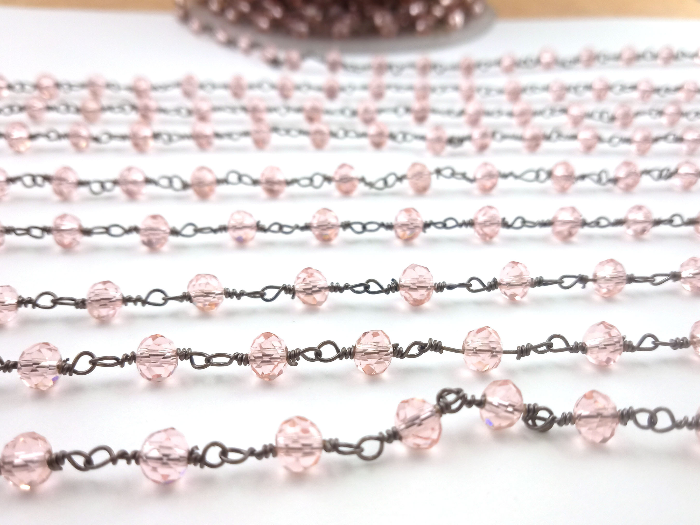 Pink Quartz Rosary Chain Gunmetal Plating Size 4mm Wire Wrapped Gemstone Jewelry Pink Quartz Bead Rosary Chain