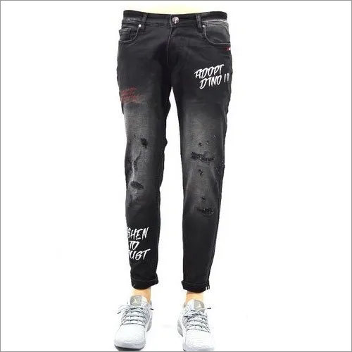 Washable Comfort Fit Mens Black Shaded Printed Ripped Jeans