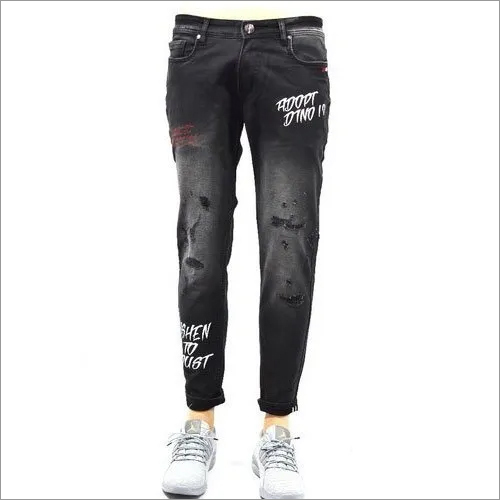 Comfort Fit Mens Black Shaded Printed Ripped Jeans