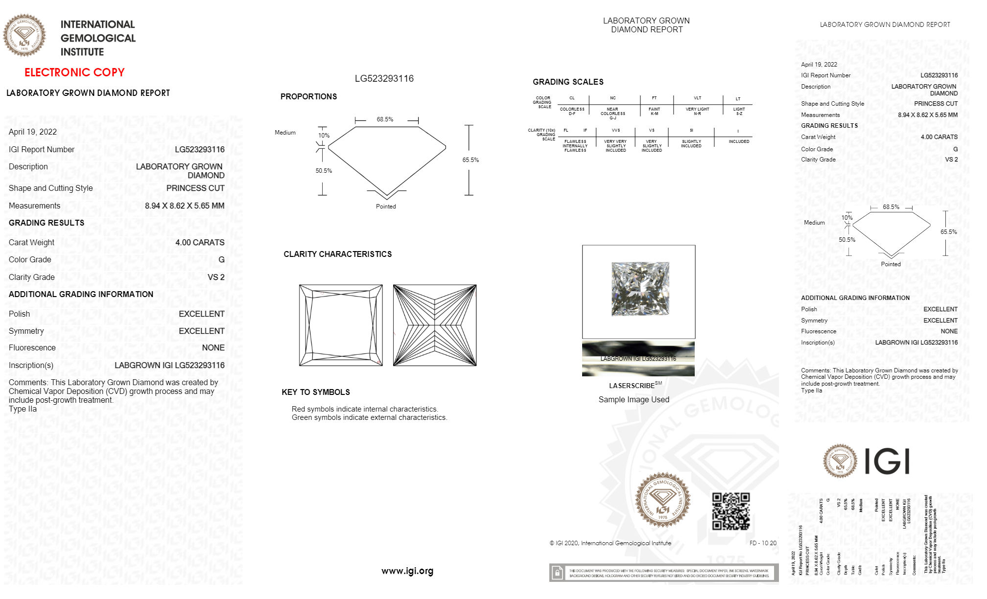 PRINCESS 4ct G VS2  Certified Lab Grown Diamond 523293116 E273