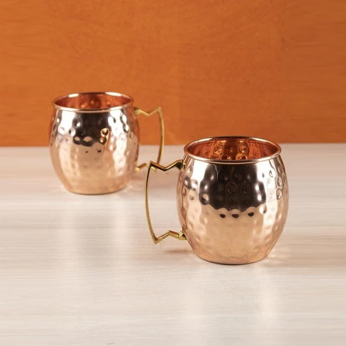 COPPER BARREL MUG WITH HAMMERED - Copper Material, 450 Milliliters Capacity, Golden Color, Shining Polish Finish | Dishwasher Safe, Round Shape, Elegant Tableware for Weddings