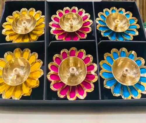 Home Decorative Diwali Diya Set of 6 - Brass, 3 Inches, Multicolor | Lotus Design, Handcrafted for Pooja Room Decor, Spiritual Lighting