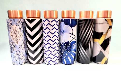 Copper Cylinder Bottle With Enamel Print - Metal, 400 ml Capacity, Multicolor, Round Shape - Screw Cap, Leak Proof, Floral Design, Eco Friendly