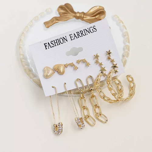 Trendy Combo of 6 Pair Heart Star Studs and Chain Hoop Earrings
