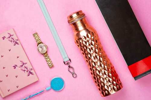 Copper Half Diamond Bottle - 1 Litre Copper Water Bottle | Durable, Spill-Proof Design, Ergonomic Screw Cap, Wide Mouth for Easy Cleaning