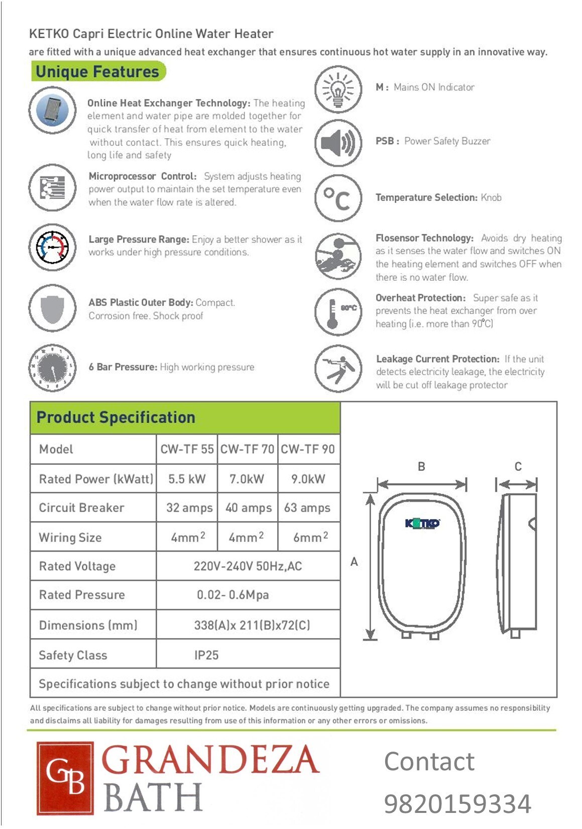 KETKO SLIM Horizontal 7KW Online Tankless Water Heater