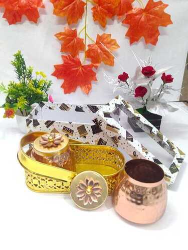 Copper Dry Fruit Container Set of 2 - Gold Plated Decorative Serving Jars with Copper Lid & Gold Flower Knob, Round Shape, 250 gms Capacity