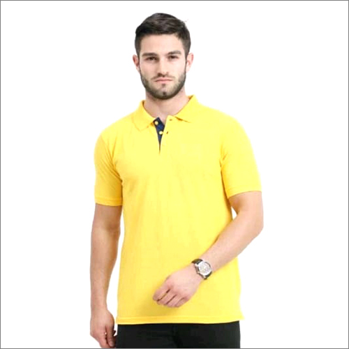 Cotton Yellow Mens Collar T-Shirt