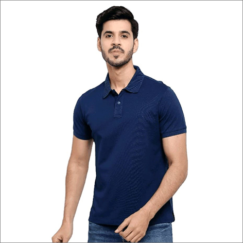 Mens Navy Blue Cotton Collar T-Shirt