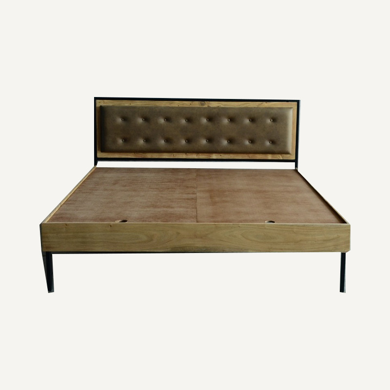 Industrial Bed - Metal & Wood, 6ft x 4ft, Brown | Durable Frame, Upholstered Headboard, Supports 250 kg