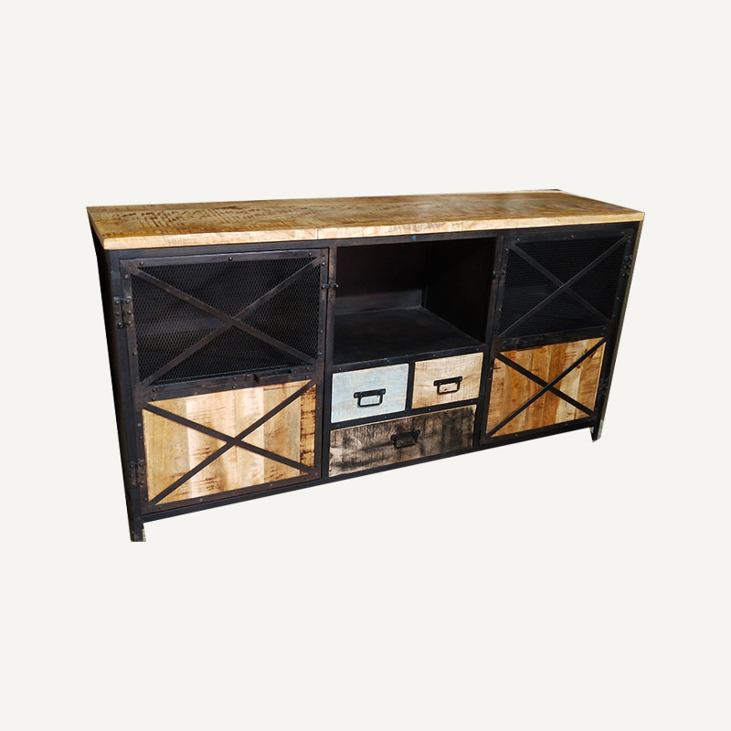 Industrial Side Board - Metal & Wood, 150x45x80 cm, Black | 3 Drawers, 2 Shelves, Versatile Storage Solution