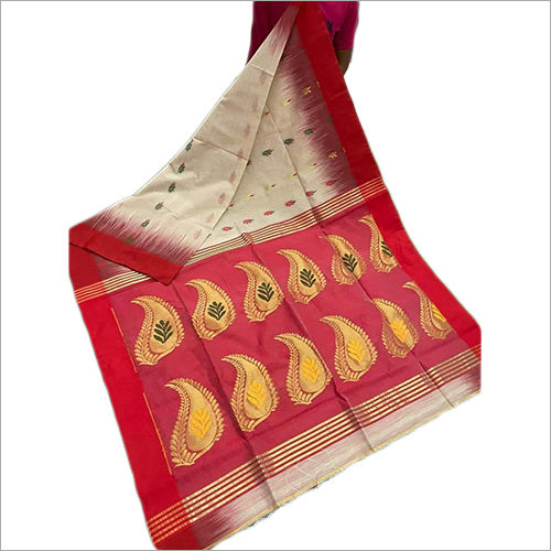 White And Red Tangail Baha Jamdani Printed Saree