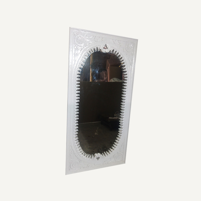 Wooden Carving Mirror - Wood, Glass, 48x24 Inches, White | Oval, Intricate Design, Wall Mounted, Durable