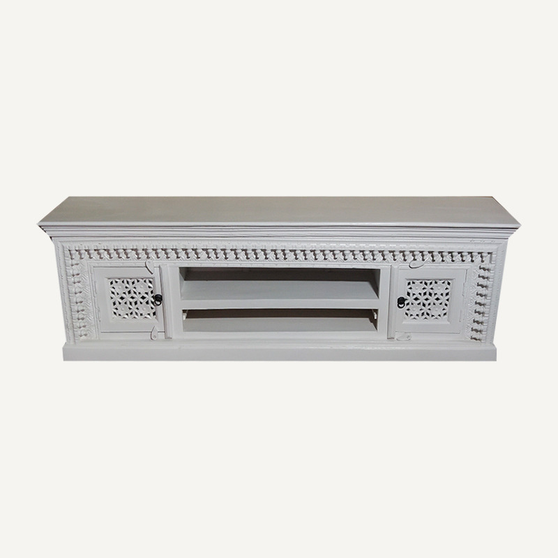 Wooden Carving Entertainment Unit - Solid Wood, 60x18x16 Inches, White | Elegant Design, Ample Storage, Intricate Carvings