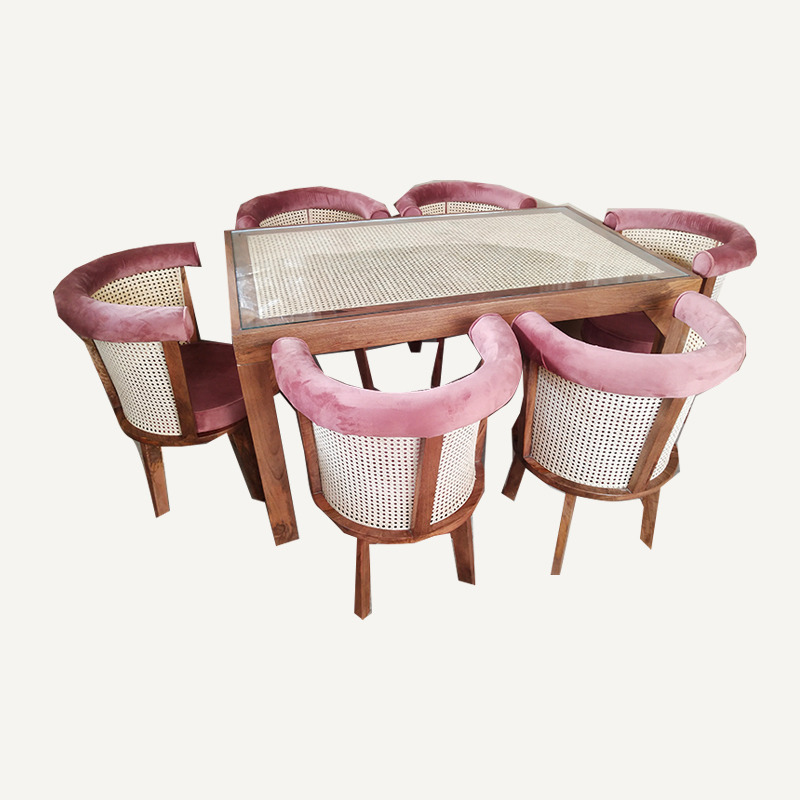 Wooden Cane Dining Chair - Wood & Velvet, Pink, Variable Dimensions | Elegant Design, Comfortable Seating, Durable Wood, Stylish Cane, Easy Assembly