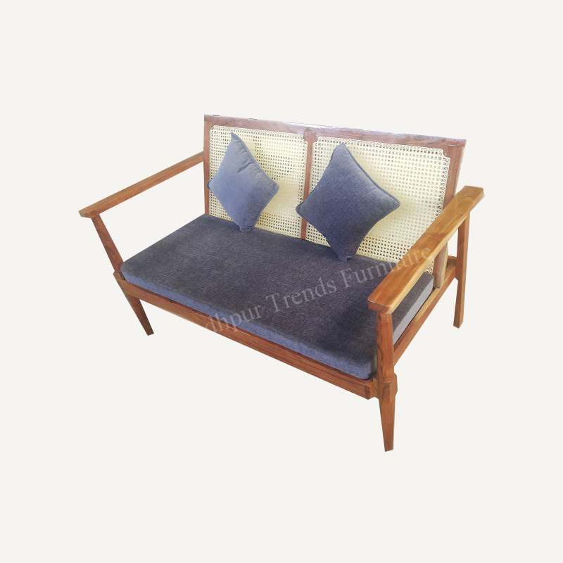 Wooden Cane Sofa - Wood, Cane, Fabric, 48x36x30 inches, Brown | Elegant Design, Velvet Cushion, Two-Seater, Durable, Stylish Accent