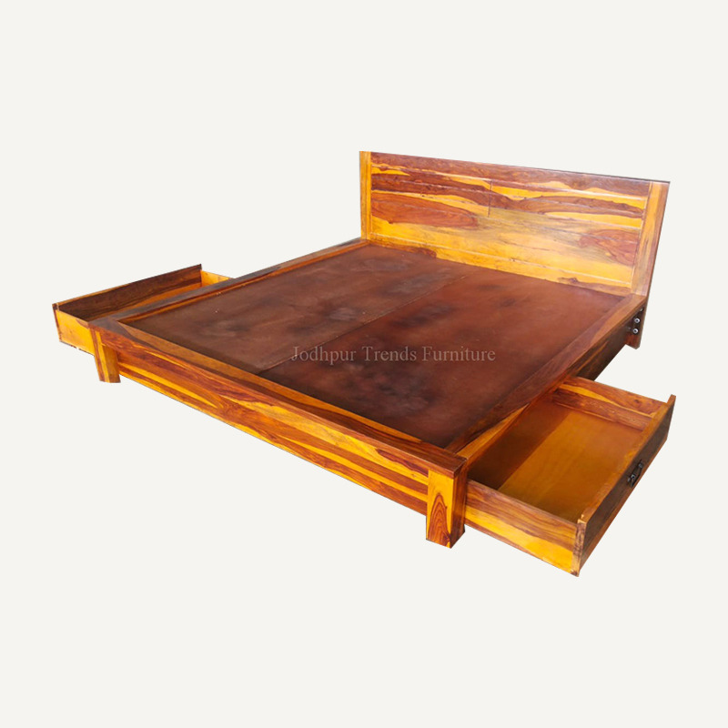 Wooden Double Bed - Sheesham Wood, 6x6 ft, Natural Finish | Double Size, Storage Drawers, Durable Frame, Stylish Design
