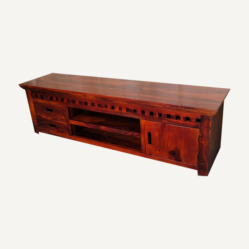 Wooden Entertainment Unit - Sheesham Wood, 60x16x18 Inches, Dark Brown | 3 Drawers, 2 Shelves, Ample Storage, TV Stand