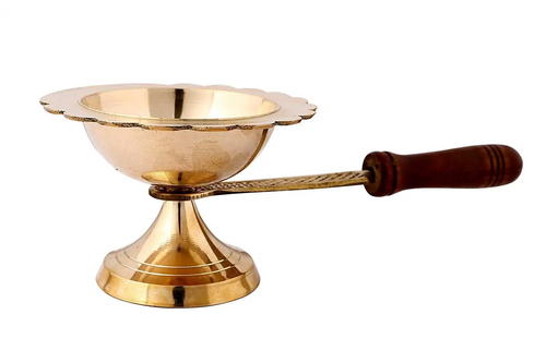 Puja  Aarti Lamp  Incense Stand With Wooden Handle Golden