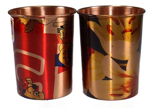 Traditional Modern Design Copper Glass Set of 2 - 100g Each, 4.00x3.00 Inch, Multi-Printed Floral Design | Round Shape, Leak-Proof, Perfect for Hotels