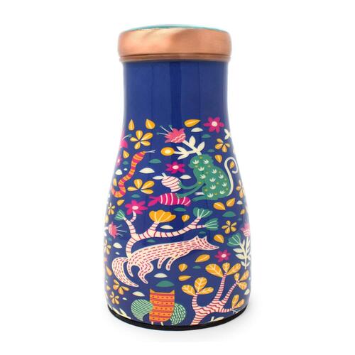 Copper Bed Room Jar With Enamel - Copper 900 ml Leak-Proof Hammered Design Featuring Lid as Drinking Glass Handcrafted Floral Pattern