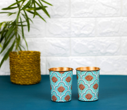 Modern Design High Quality Copper Glass With Enamel - 300 ml Capacity, Round Shape, Multicolor Floral Print, Leak Proof Metal Finish