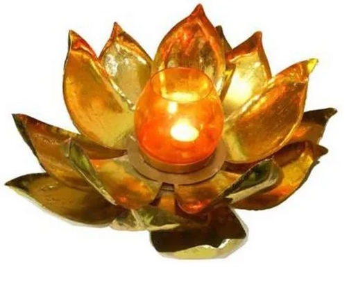 Metal Lotus Diya With Glass