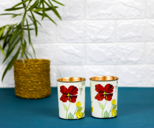 COPPER ENAMEL PRINT 2 GLASS - Copper 1 Liter Multicolor Handmade Seamless Leak-Proof Ideal for Daily Hydration Includes Gift Pack