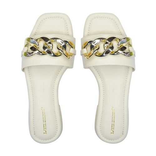 Cream Color Golden Chain Black Flat Sandal