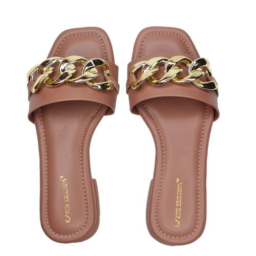 Ladies Brown Golden Chain Black Flat Sandal - Leather, PU Upper Material, Different Sizes Available, Elegant Brown Color for Versatile Styles