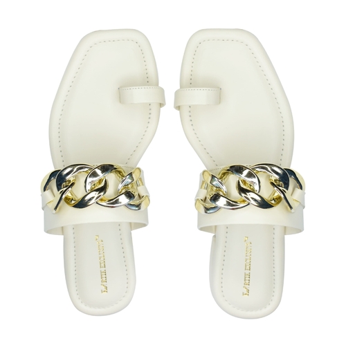 Ladies Cream Golden Chain Thumb Patta Flat Sandal - Leather, Different Sizes Available , PU Upper Material, Flat Heel Design