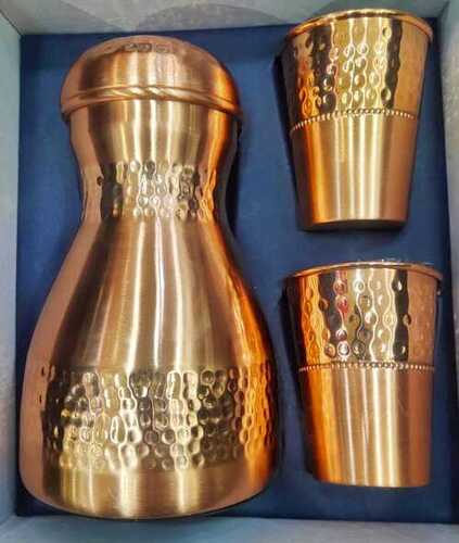 Metal Copper Half Hammered Surahi With Glass