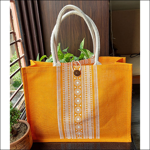 Yellow Printed Jute Bag Button Closure