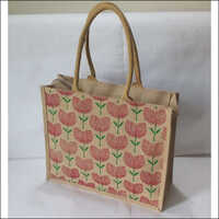 Flower Print Jute Bag - 16"x14"x06" Zipped, Brown Durable Degradable Environment-Friendly Material with Flexiloop Handle and Tulip Print