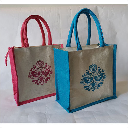 Blue & Pink Jute Canvas Lunch Bag