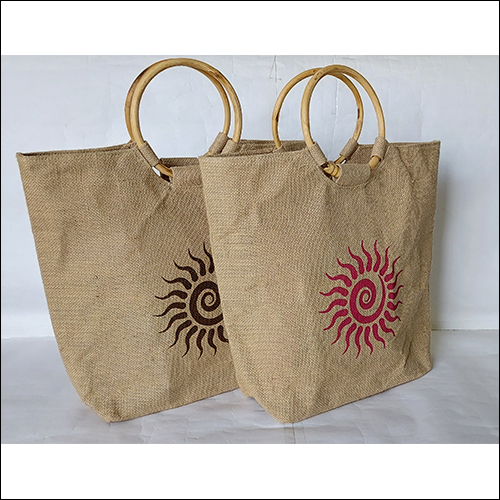 Cane Handle Zipper Jute Bag