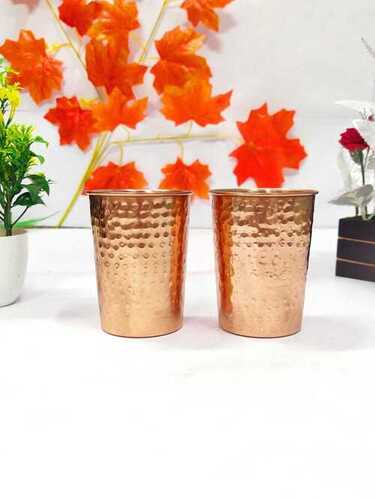 COPPER HAMMERED GLASS SET OF 2 - Pure Copper 300 ml Capacity Elegant Round Shape Glossy Golden Mirror Finish Handcrafted Durable Design