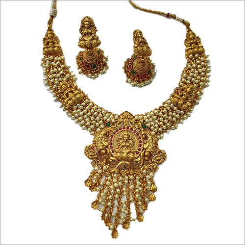 1603 Gold Plated Laxmi Necklace Set Drop Earrings