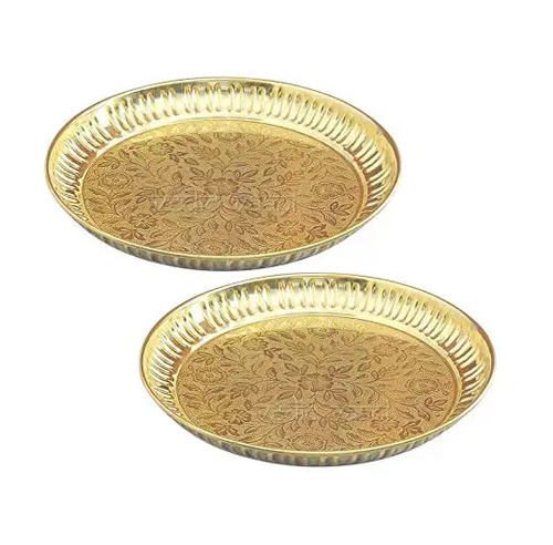 Brass Pooja Thali Gold Plated With Flower Embossed Design For Home And Office Decoration (1)