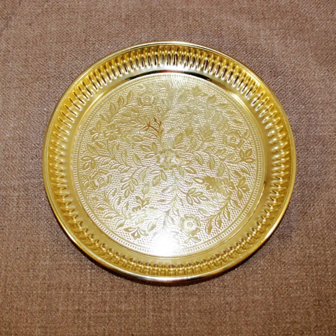 Brass Pooja Thali Gold Plated With Flower Embossed Design For Home And Office Decoration (1)