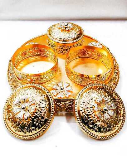 Gold-Plated Iron Dry Fruit Container - 3 Compartment Round Bowl Set | Decorative Brass Mirror Tray Unbreakable Lid Perfect for Celebrations and Gifting