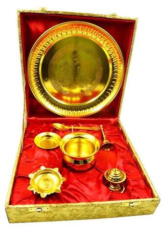 Modern Traditional Design Brass Pooja Thali Set - Polished Finish, Golden Color, Ideal for Home Temples & Festivals | Antique-Style Hindu Components