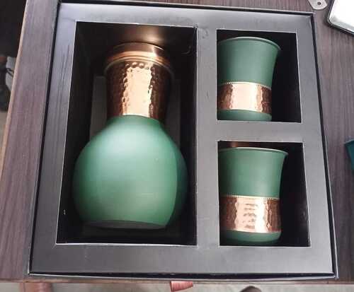 Metal Copper Half Hammered And Painted Bedroom Jar Set With Glass