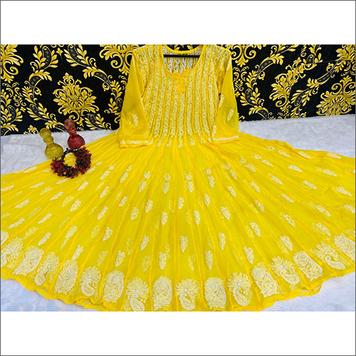 Lucknowi Yellow Georgette Chikankari 56 Kali Anarkali Kurti