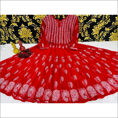 Lucknowi Red Georgette Chikankari 56 Kali Anarkali Kurti